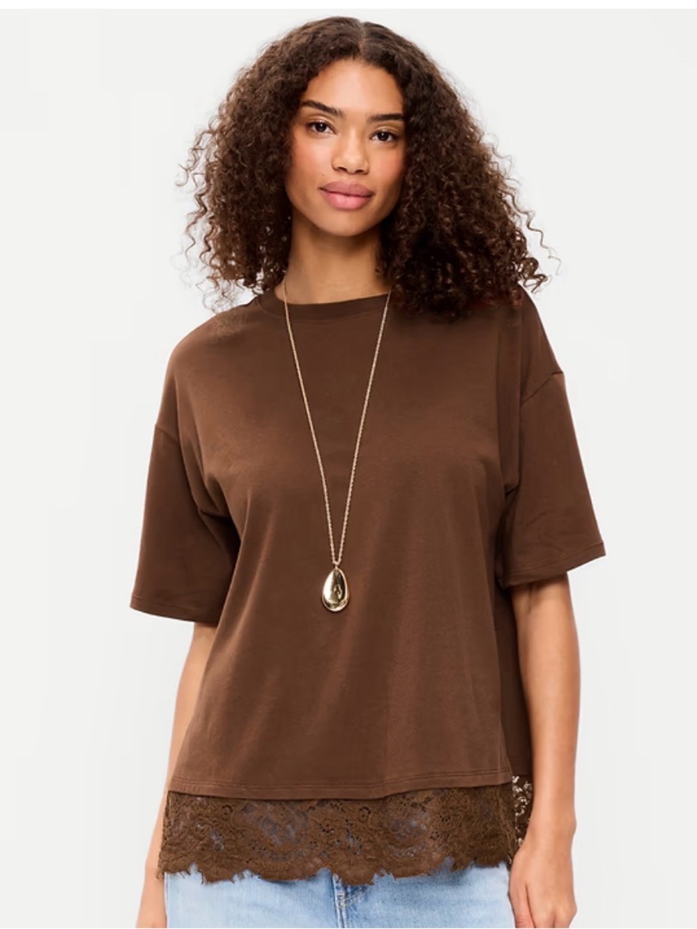 Old Navy Brown Short Sleeve Tee with Lace Hem